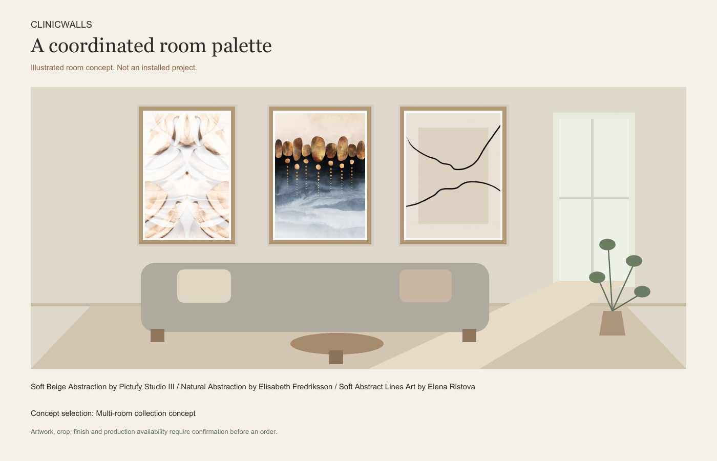 Three illustrated room concepts featuring Soft Beige Abstraction by Pictufy Studio III, Natural Abstraction by Elisabeth Fredriksson, and Soft Abstract Lines Art by Elena Ristova.