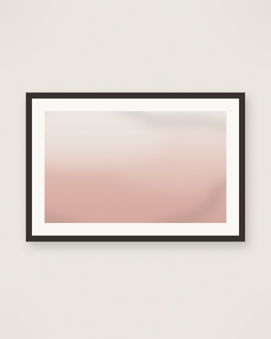 Framed pale coral-to-cream color-field, kids-corner safe, charcoal frame and cream mat