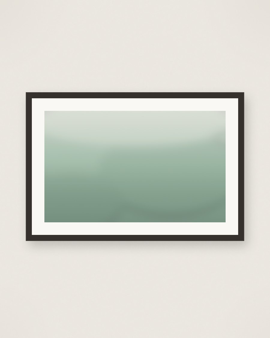 Framed sage-to-cream botanical gradient, no literal foliage, charcoal frame and cream mat
