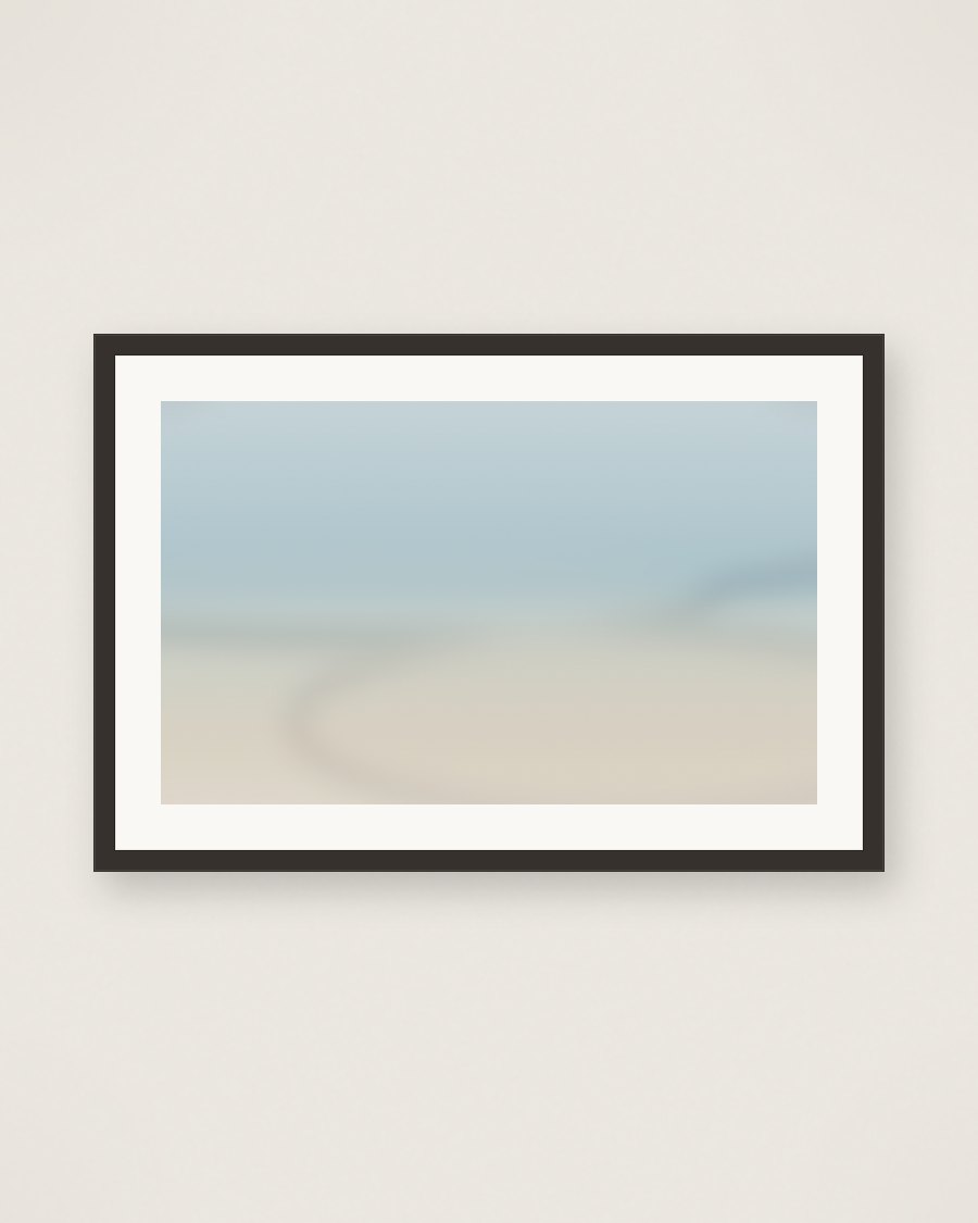 Framed muted aqua color-field with a soft horizon, charcoal frame and cream mat