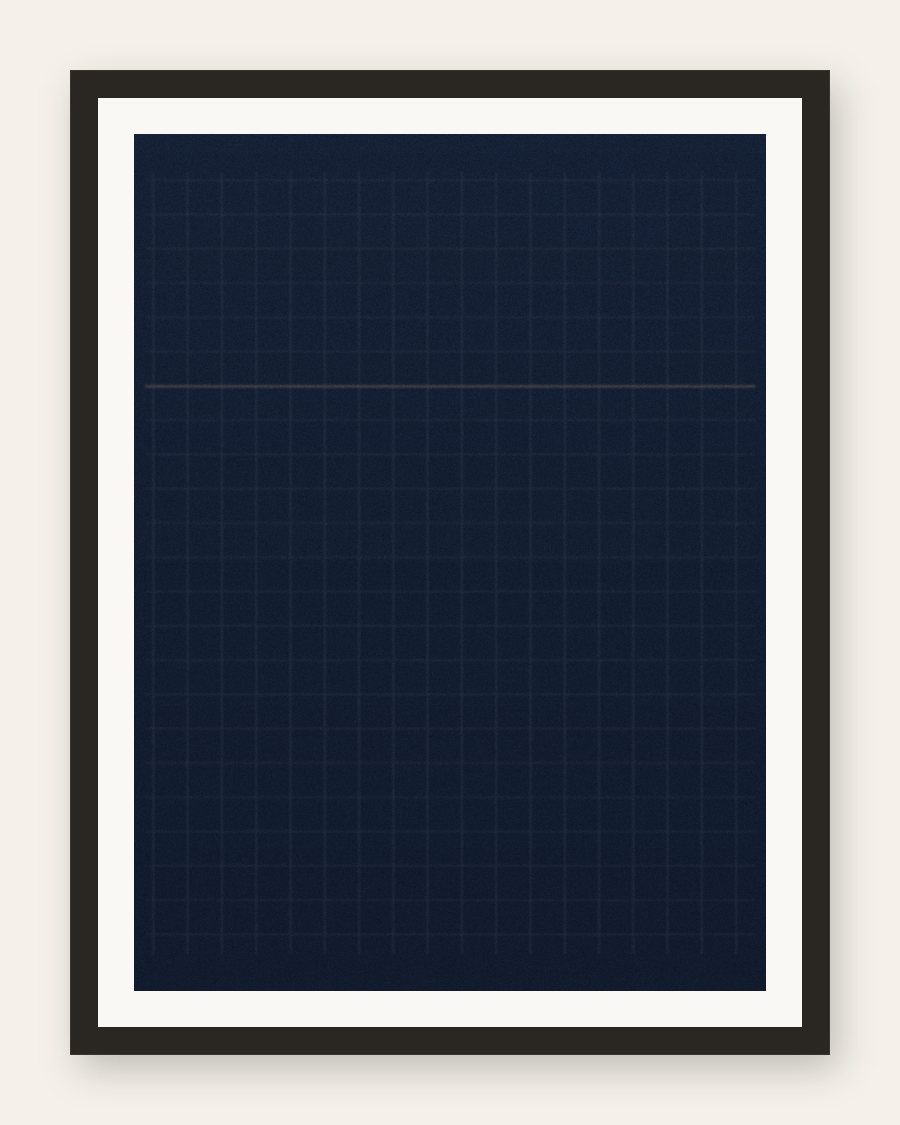 Framed navy color-field with a quiet grid and a thin gold interval, charcoal frame and cream mat