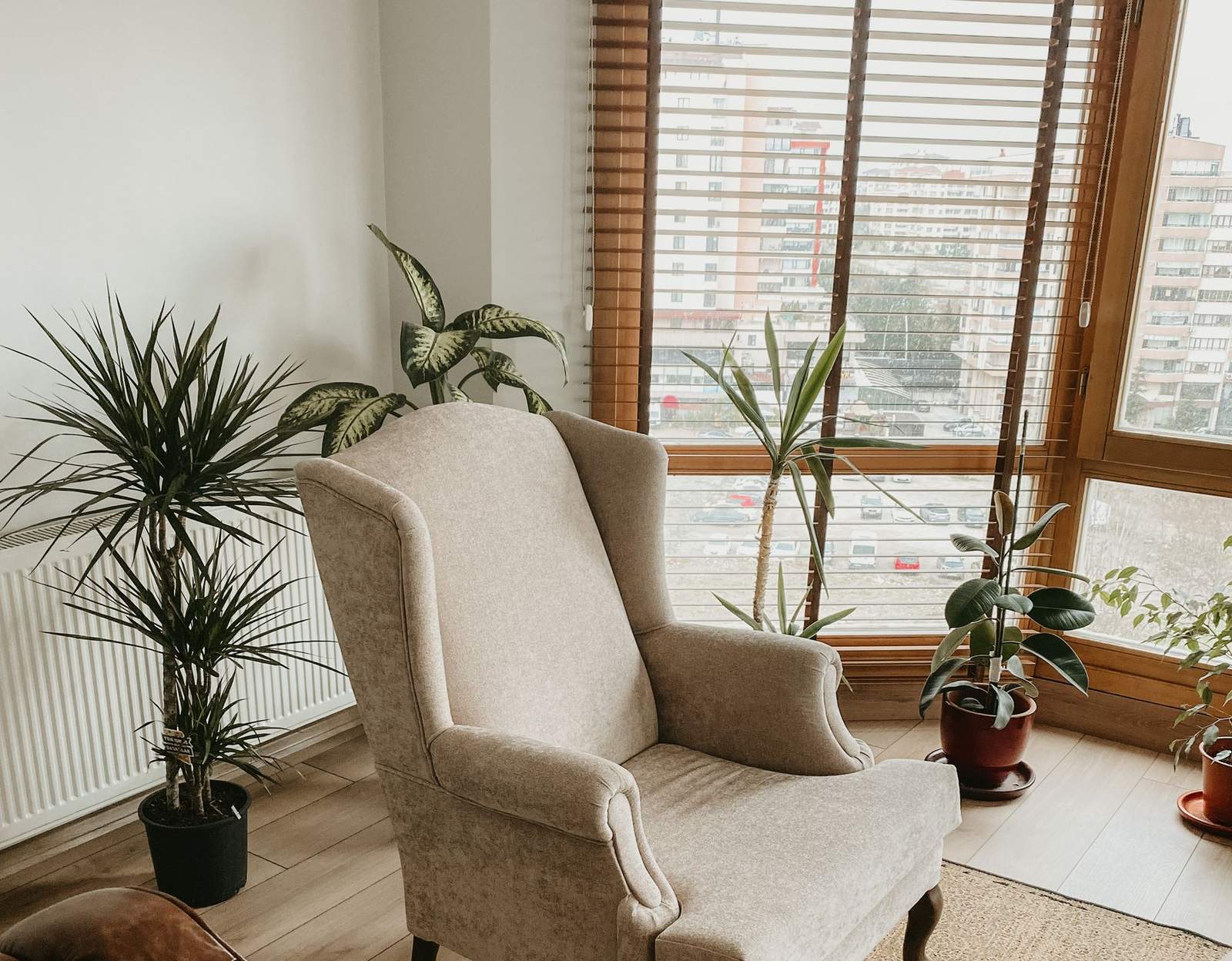 Quiet professional sitting room: ivory wingback, plants, and a downtown view through wood blinds — no gallery wall, no clients