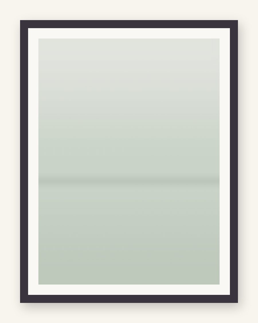 Framed sage color-field with a faint horizon whisper, charcoal frame and cream mat