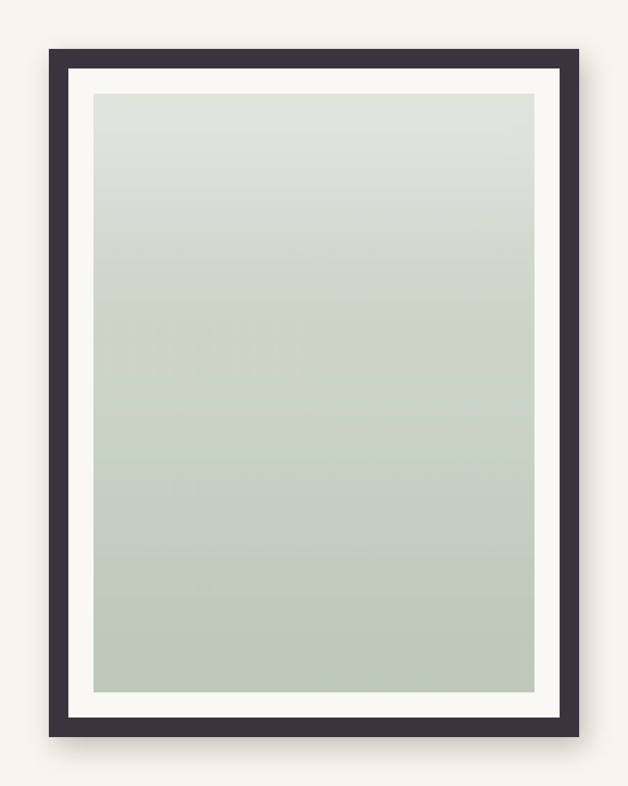 Framed pale sage color-field panel, charcoal frame and cream mat