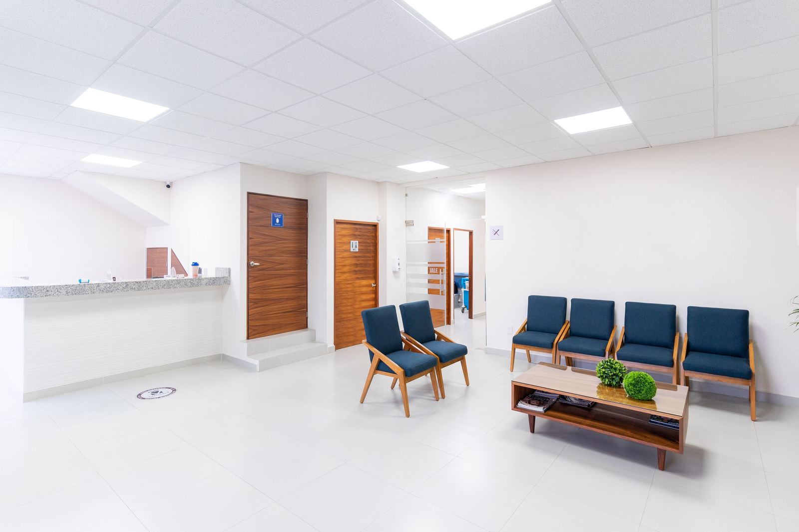 Veterinary clinic reception with a granite front desk, navy wood-frame waiting chairs, and a calm tiled lobby