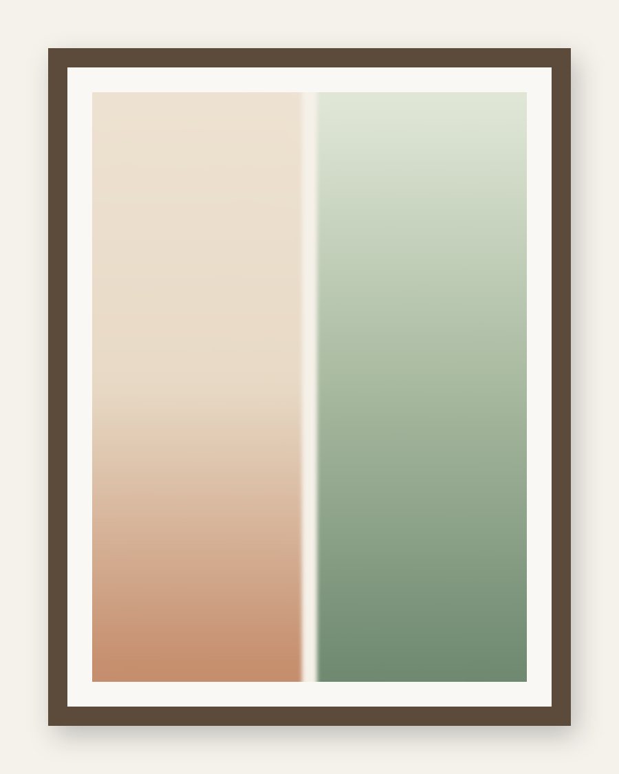 Framed clay and moss two-panel color-field, bark frame and cream mat