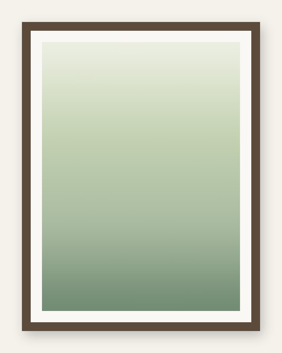 Framed moss-to-cream color-field gradient, bark frame and cream mat