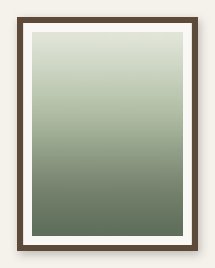 Framed quiet moss grove color-field, bark frame and cream mat